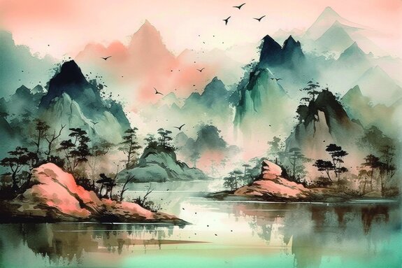 Paysage de montagnes avec un lac à l'aquarelle