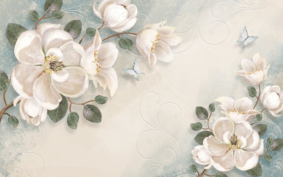 Fleurs blanches et papillons bleus parmi des ornements