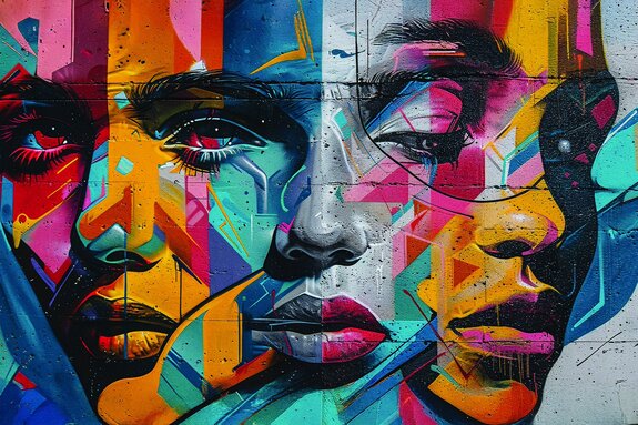 Fresque murale avec art urbain et visage de femme