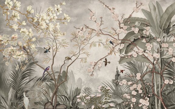 Oiseaux dans la jungle tropicale et parmi les feuilles exotiques