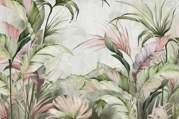 Paysage tropical feuilles pastel sur fond en béton