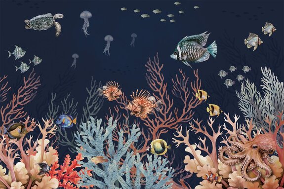 Animaux aquatiques et poissons dans une composition aquarelle
