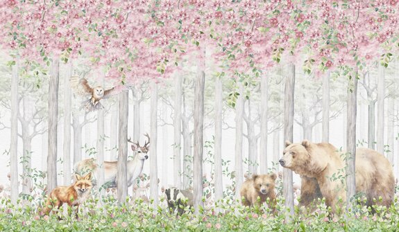 Animaux dans une forêt féerique en fleurs aquarelle