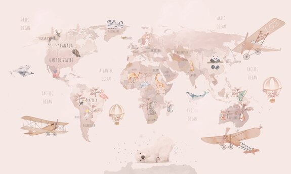 Animaux de différents continents sur une carte du monde en aquarelle