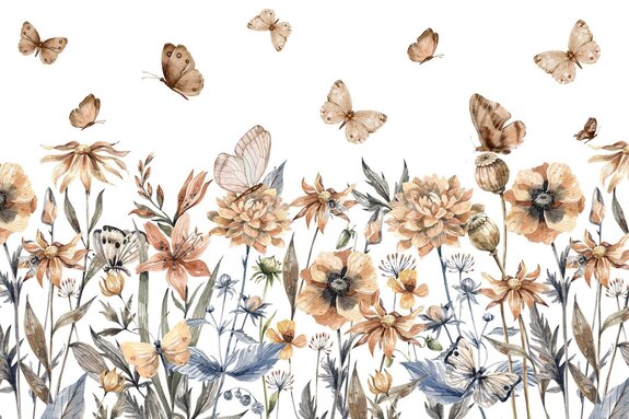 Papillons et fleurs des champs prairie aquarelle sur fond clair