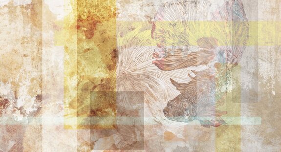 Formes géométriques et poissons sur fond texturé aquarelle motif artistique