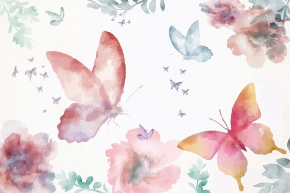 Papillons et fleurs colorés en style aquarelle sur fond blanc, motif délicat