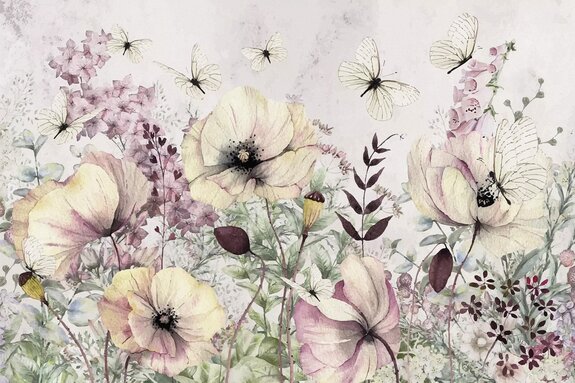 Fleurs en style aquarelle dans une prairie d'été avec des papillons blancs, motif botanique