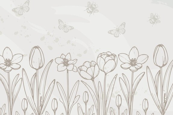 Tulipes, papillons et insectes en style minimaliste, motif botanique beige