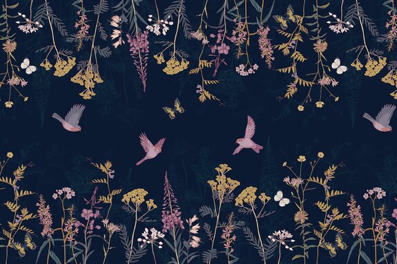 Motif botanique végétal avec fleurs colorées, papillons et oiseaux