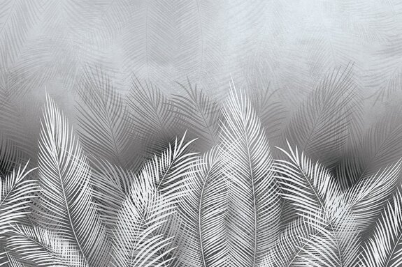 Feuilles de palmier tropicales en blanc et gris avec effet béton
