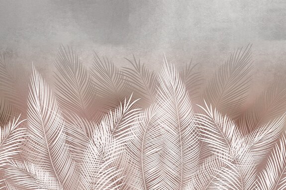 Motif végétal avec feuilles de palmier dans des tons beiges et blancs sur une texture béton