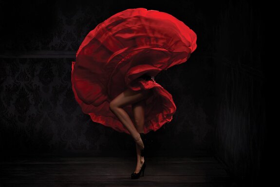 Une femme en robe rouge en mouvement de flamenco, un motif artistique