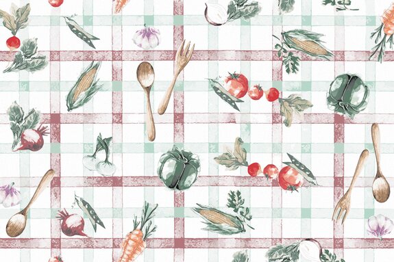 Fruits et légumes sur fond de nappe à carreaux