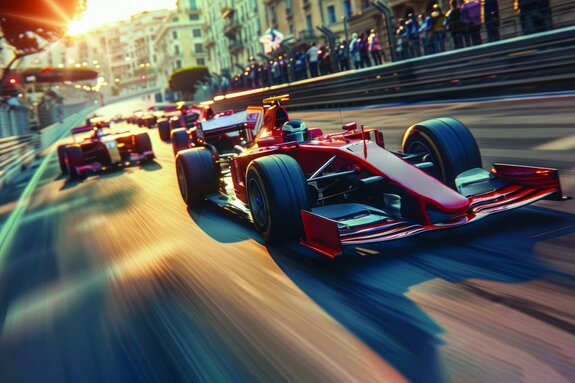 Voiture de f1 filant à toute vitesse dans la ville