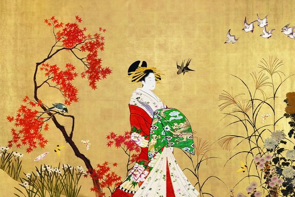Jardin japonais avec une femme et des oiseaux
