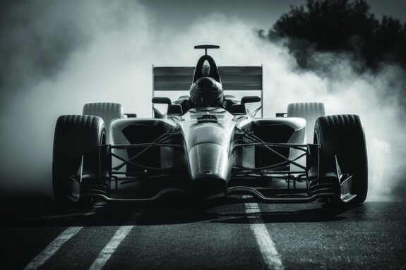 Photo en noir et blanc d'une formule 1 avec pilote