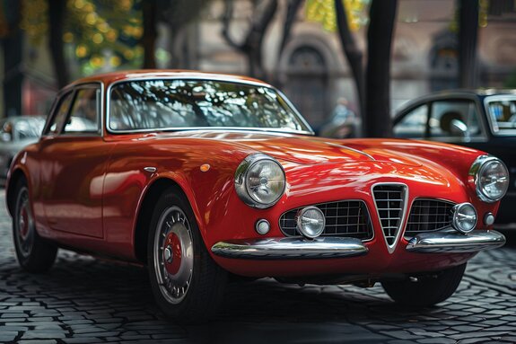 Voiture classique rouge dans un décor urbain