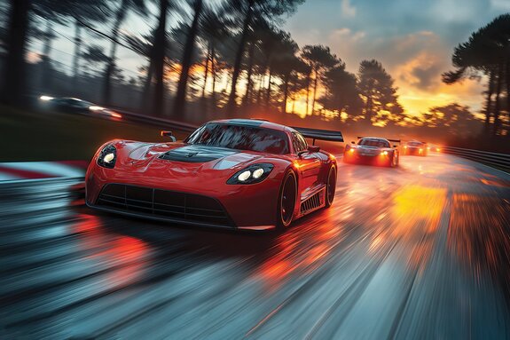 Course dynamique de voitures de sport au coucher du soleil