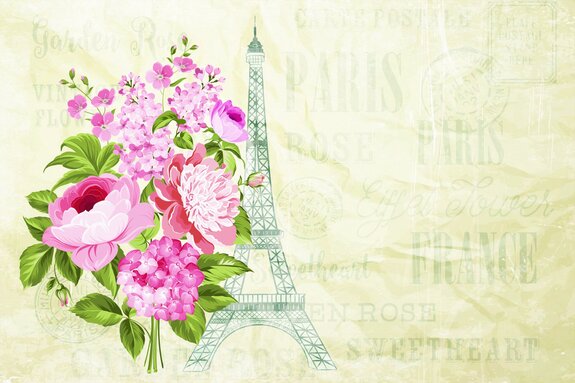 Bouquet de fleurs avec la tour eiffel et des inscriptions en arrière-plan