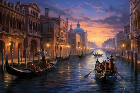 Coucher de soleil magique avec des gondoliers
