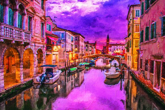 Venise peinte avec des bateaux sur fond de cathédrale
