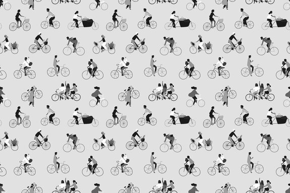 Motif en noir et blanc avec des gens à vélo