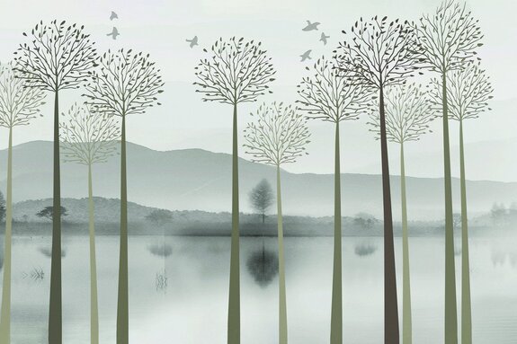 Arbres au bord de la rivière sur fond de montagne