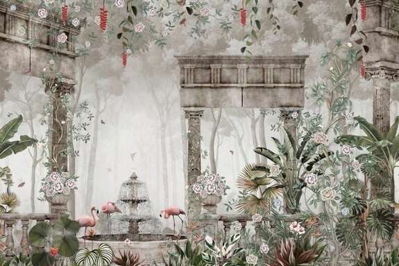 Forêt tropicale avec une fontaine et des colonnes