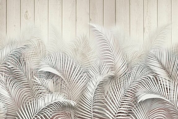 Feuilles de palmier sur des planches en bois