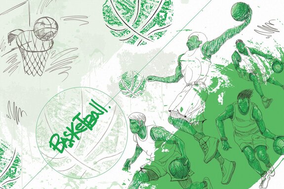 Joueurs de basket lançant au panier dans la verdure