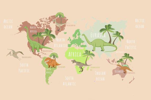 Carte du monde avec des dinosaures et des palmiers