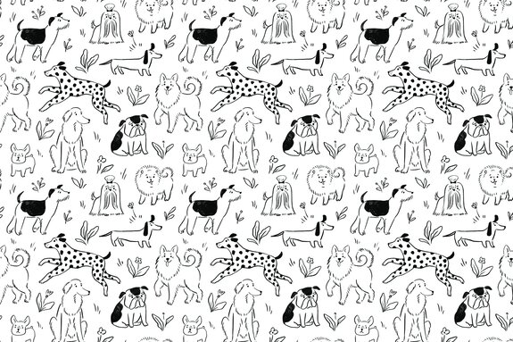 Chiens dessinés dans une clairière avec des fleurs