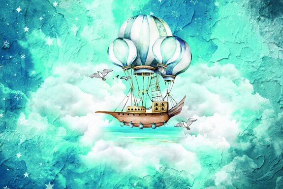 Bateau de conte de fées avec des ballons dans les nuages