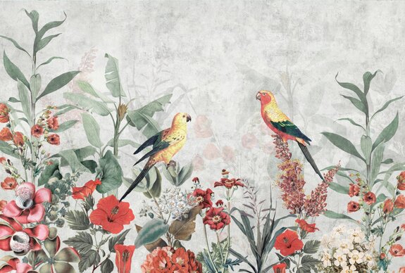 Fleurs tropicales rouges, feuilles et perroquets