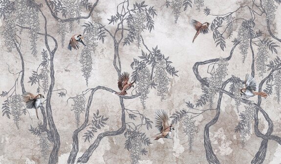 Oiseaux parmi les fleurs de glycine