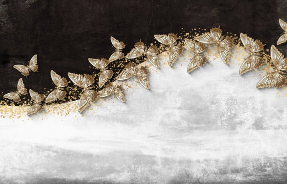 Papillons 3d dorés sur un fond en béton