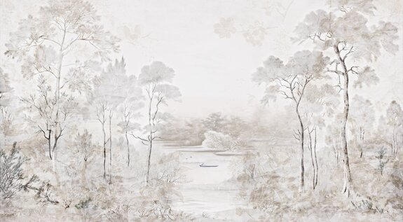 Paysage avec arbres et rivière en tons de beige