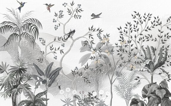 Paysage avec arbre et oiseaux sur fond de montagnes fresque