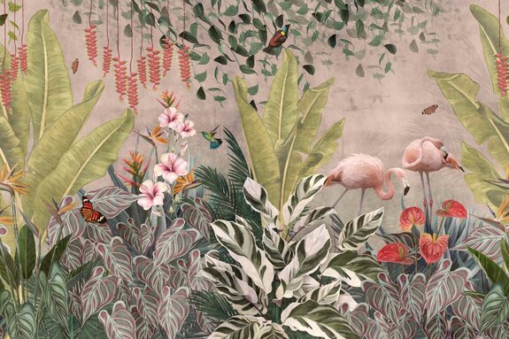 Paradis tropical avec des flamants parmi les fleurs