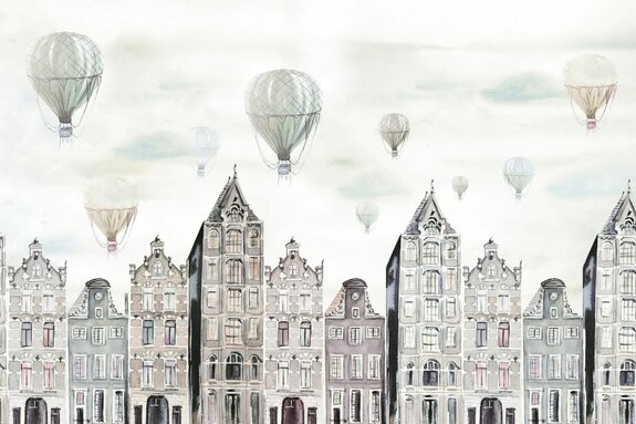 Ville aquarelle paysage avec des ballons dans le ciel