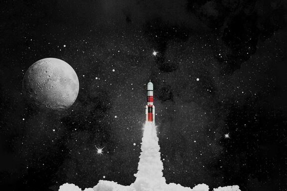 Fusée sur fond de ciel étoilé et lune illustration