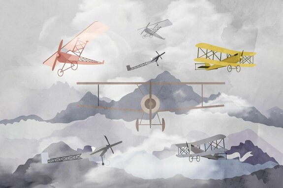 Avions sur fond de montagnes paysage illustration aquarelle