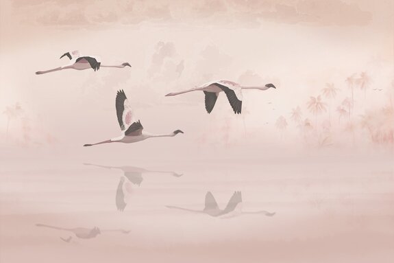 Oiseaux volant sur fond de palmiers et de nuages