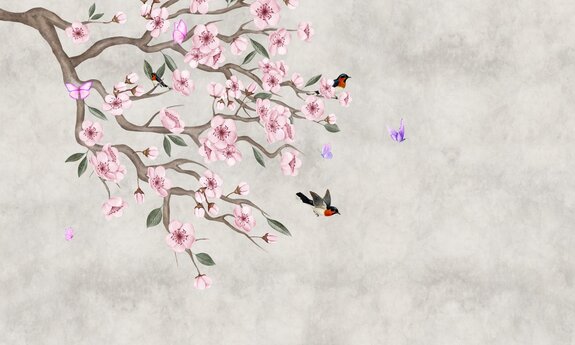 Fleurs de cerisier roses avec des oiseaux sur béton