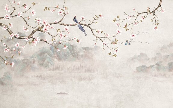 Oiseau sur une branche de cerisier avec montagnes et lac en arrière-plan