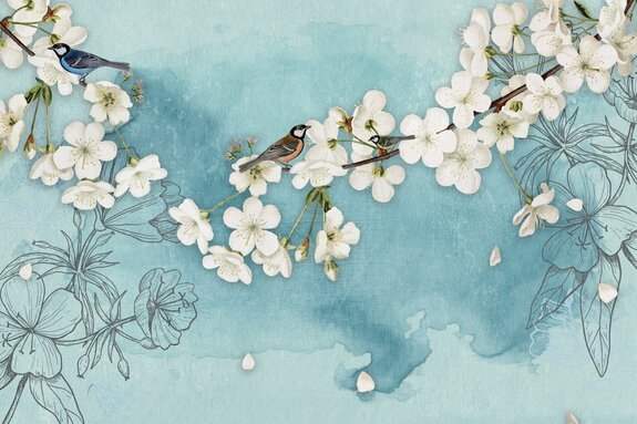 Arbre de cerisier sur fond de fleurs dessinées