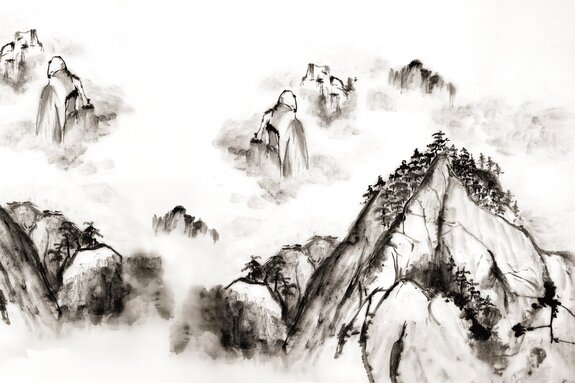 Paysage dessiné de montagnes et d'arbres