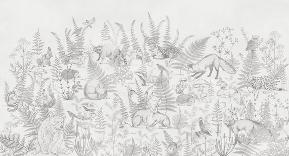 Dessin en noir et blanc avec des animaux