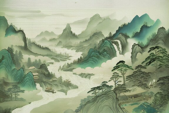 Paysage de montagne asiatique peint à la main